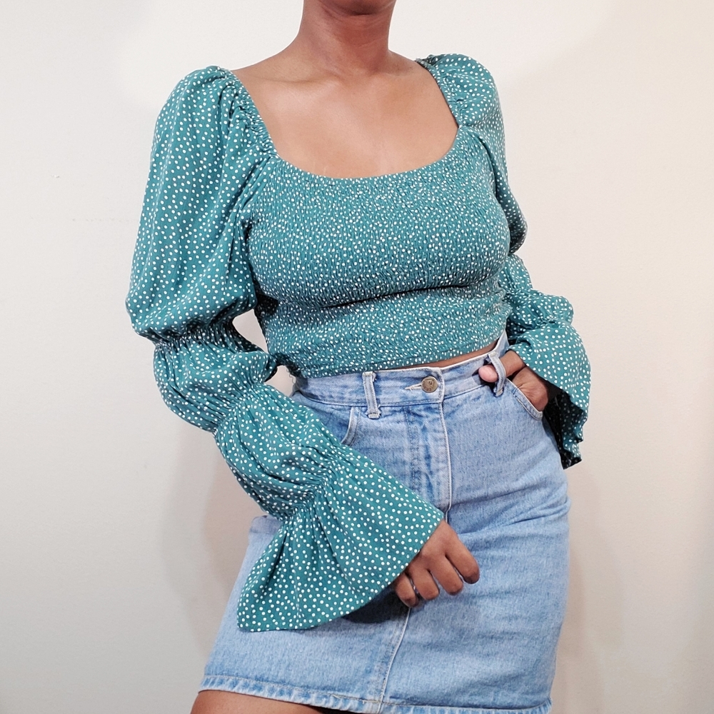 Emerald green and white polka dot ruched top